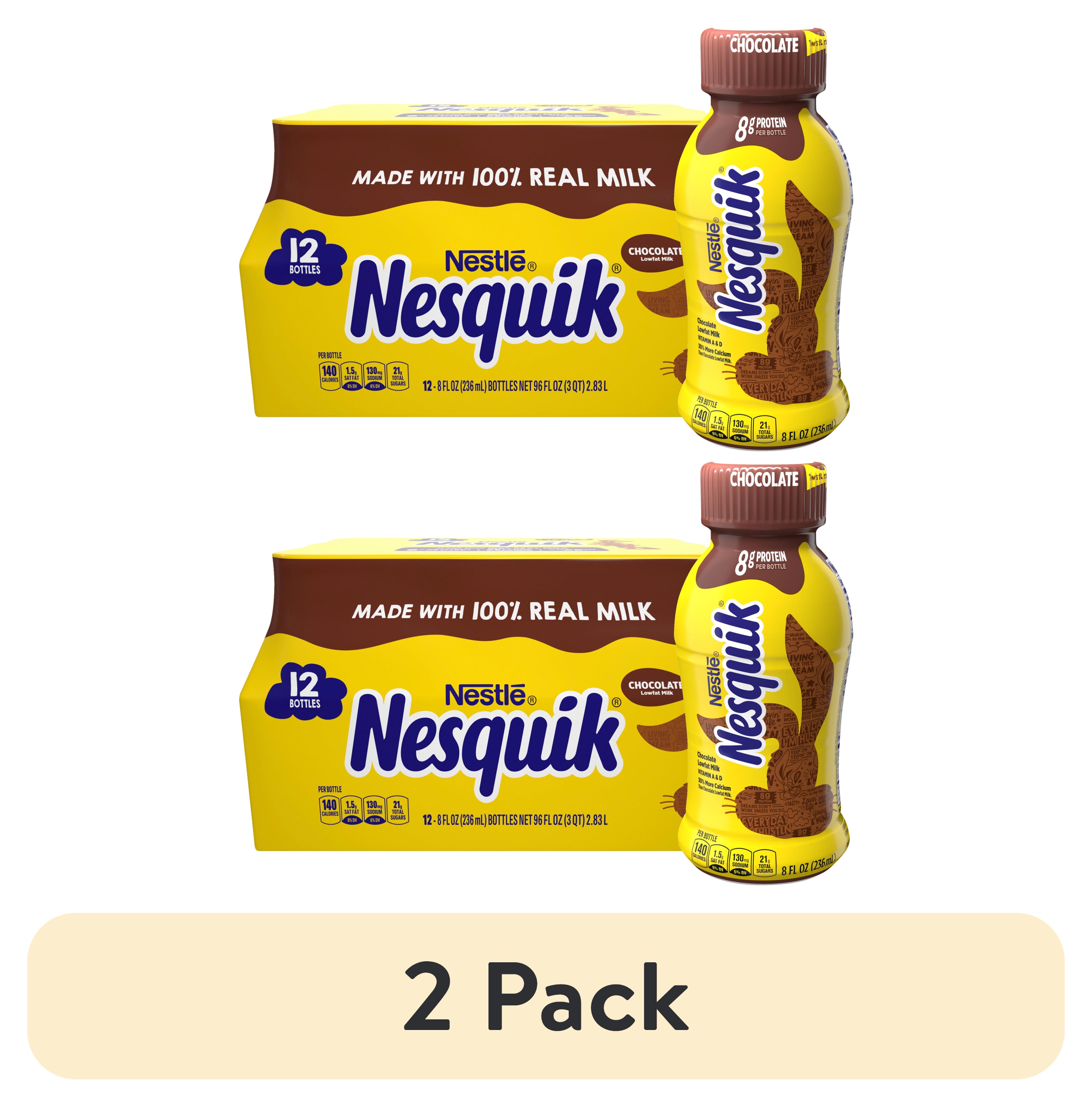 (2 pack) Nesquik Chocolate Milk, Ready to Drink, Low-fat Milk, 12 Bulk Pack, 8 fl oz Bottles