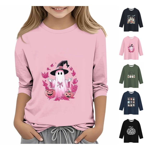 WAVSUF Kids Girls Halloween Pullover, Crew Neck 3/4 Sleeve Graphic Print Daily Festive Fall Top Pink 7-8