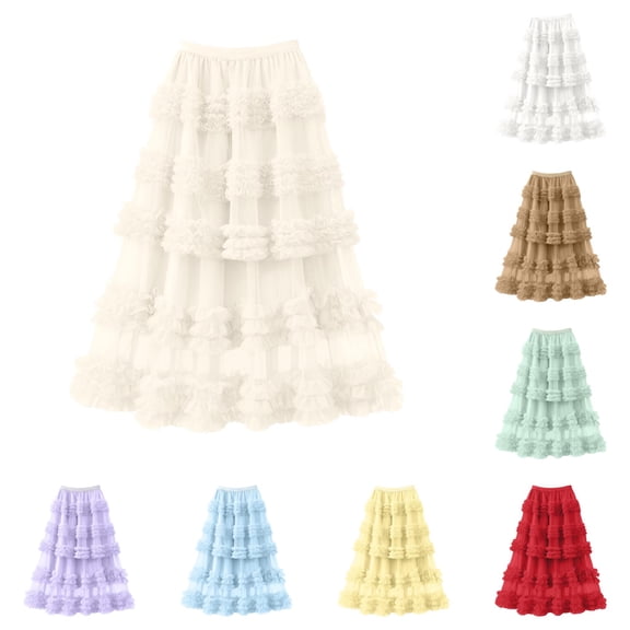 Wxolcjlv Women's Ruffled Tiered Maxi Skirts Elastic Waist Mesh Boho Party Skirts