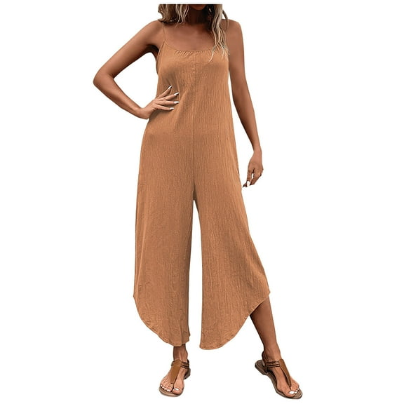 Usmixi Jumpsuits for Women Fashion Irregular Loose Wide Leg Lightweight Spaghetti Strap Long Jumpsuits Overalls Summer Formal Solid Square Neck Sleeveless Maxi Rompers Khaki s
