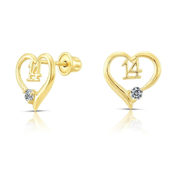 Tilo Jewelry 10K Yellow Gold Open Heart Sweet 14 CZ Stud Post Earrings with Secure Screw-Backs | Everyday Dainty Small Earrings for Women & Unisex