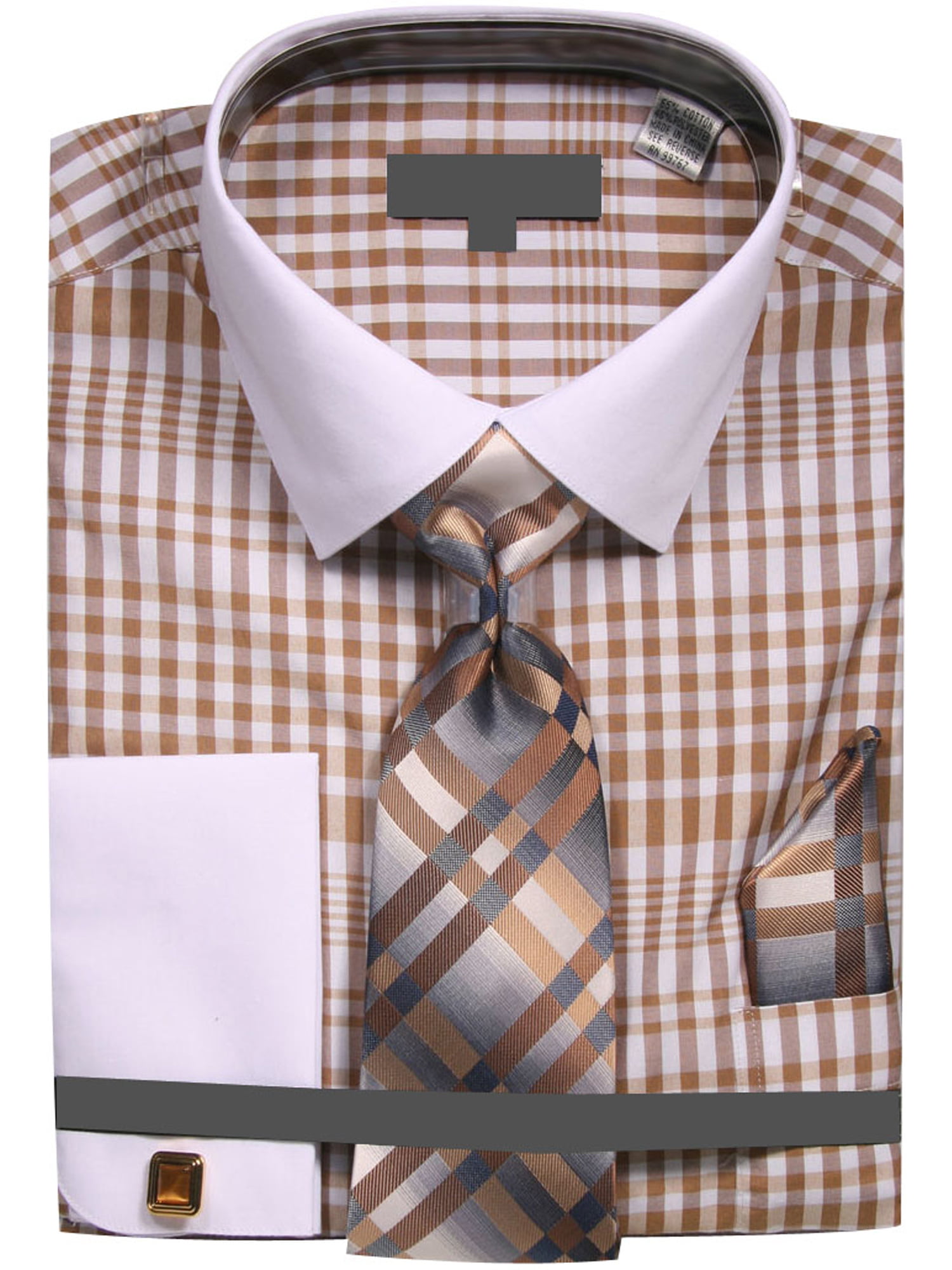 Mens Two Tone Plaid French Cuff Dress Shirt with Tie Handkerchief Cufflinks 