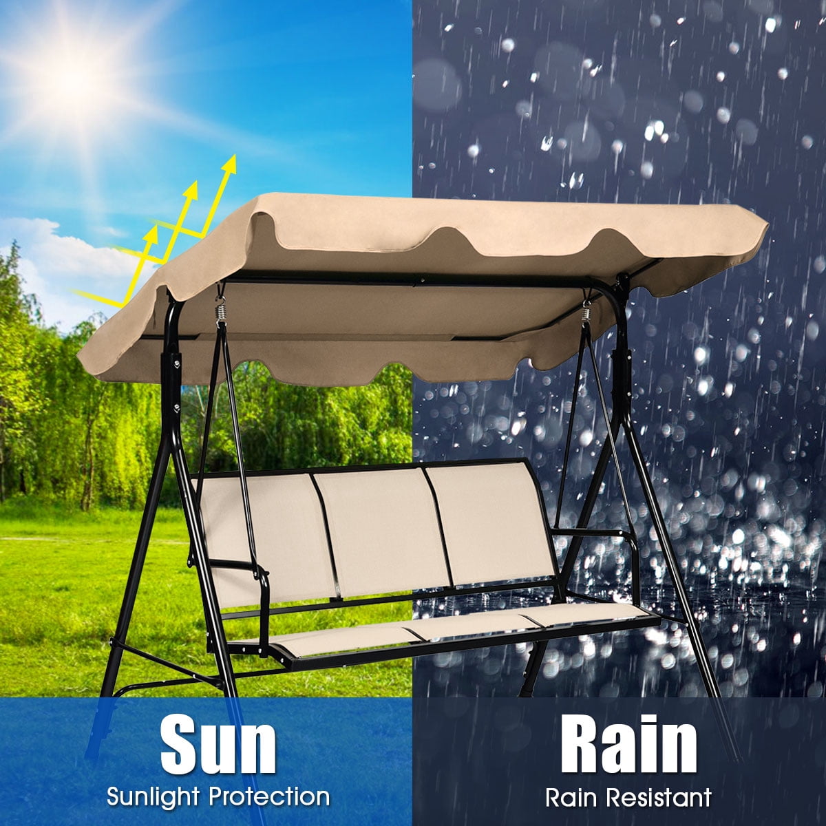 Gymax Fashion Brown Outdoor Swing Canopy Patio Swing Chair 3 Person Canopy Hammock