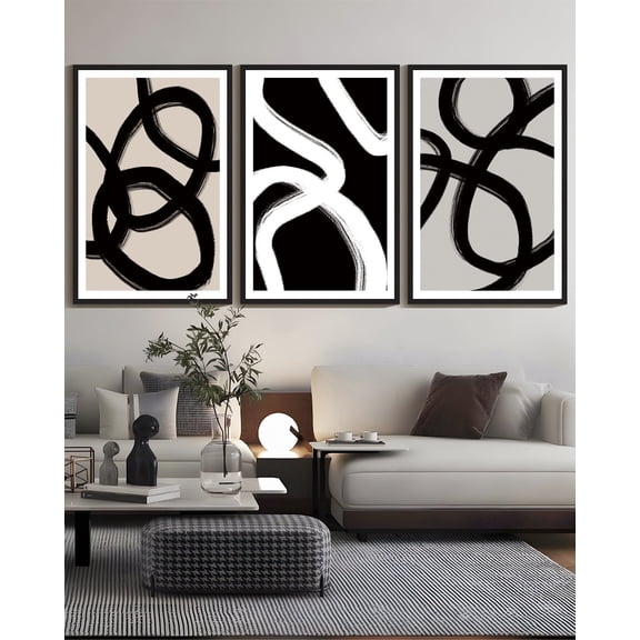 SHENIFY large 24x36in3pcs Black Framed Black Abstract Wall Art Decor Duotone Minimal Dark Brush Stroke Prints Shapes Illustrations Modern Art Decorative Ready To Hang