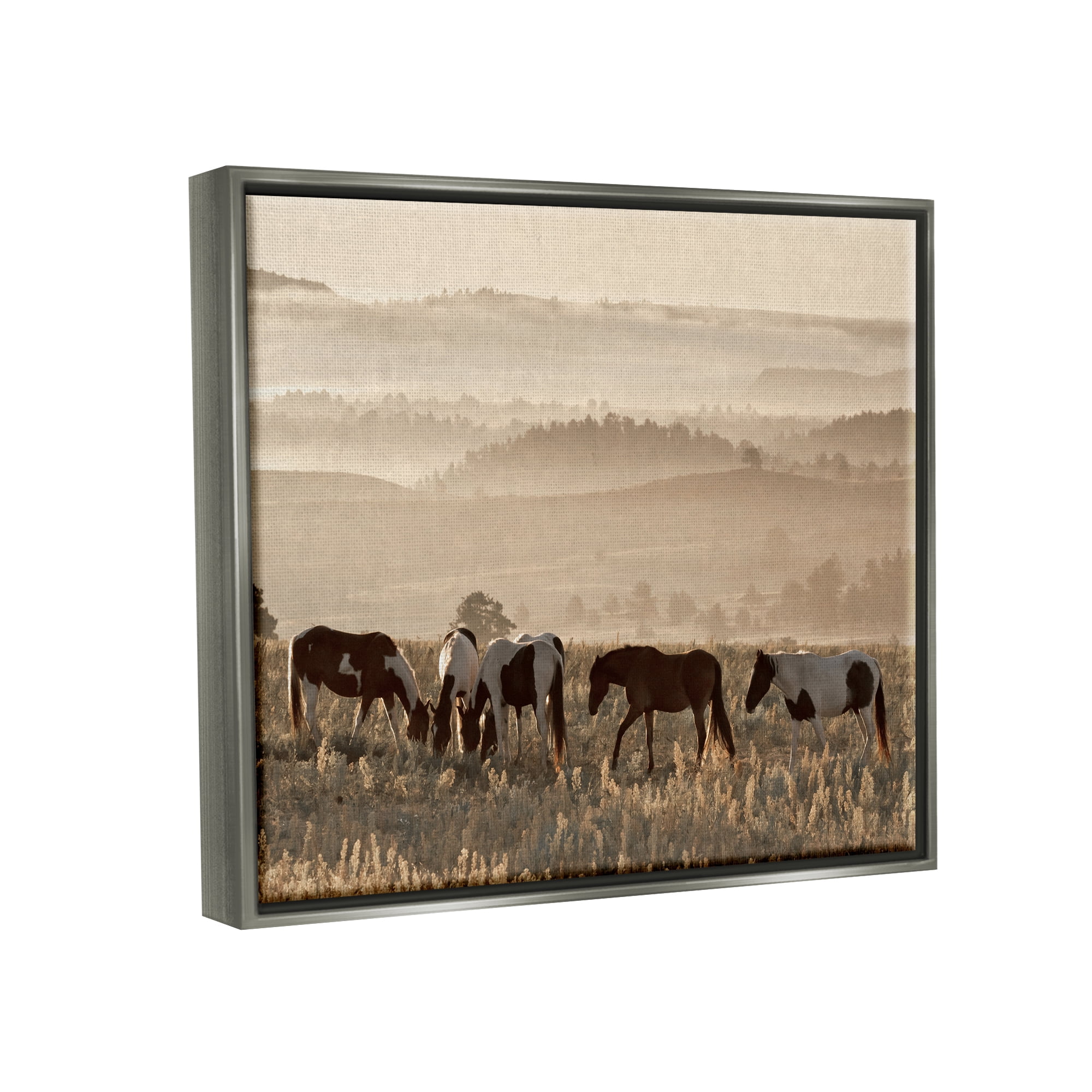 Stupell Industries Horses Grazing Rolling Hills Animals & Insects Photography Gray Floater Framed Canvas Art Print Wall Art, 31 x 25