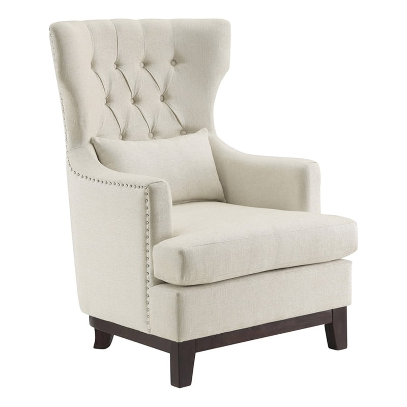 Pemberly Row Traditional Fabric Upholstered Wingback Chair with Pillow in Beige