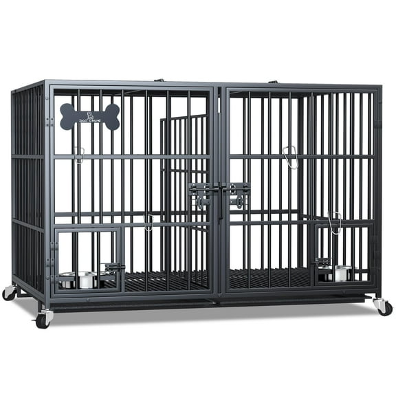 48/42 inch XL Dog Crate for Large Dog/Double Medium Dogs,Heavy Duty Metal Dog Cages,All Metal Open Top,Dog Kennel Indoor with Wheels,Floor Grid, Tray, Divider and Feeding Bowl