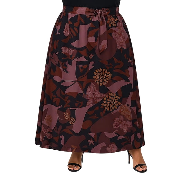 Plus Size Floral Buckle Waist A Line Maxi Skirt