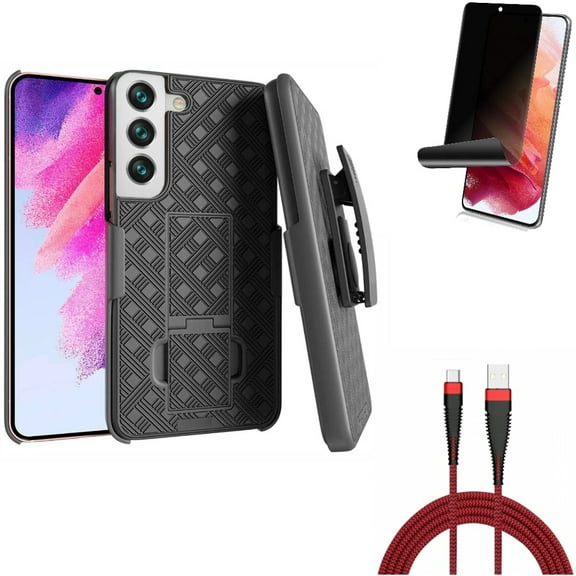 Privacy Screen Protector & 10ft USB Cable & Case Belt Clip for Samsung Galaxy S22 (6.1") - TPU Film Fingerprint Works & Type-C Charger Cord & Holster Swivel Accessory Bundle