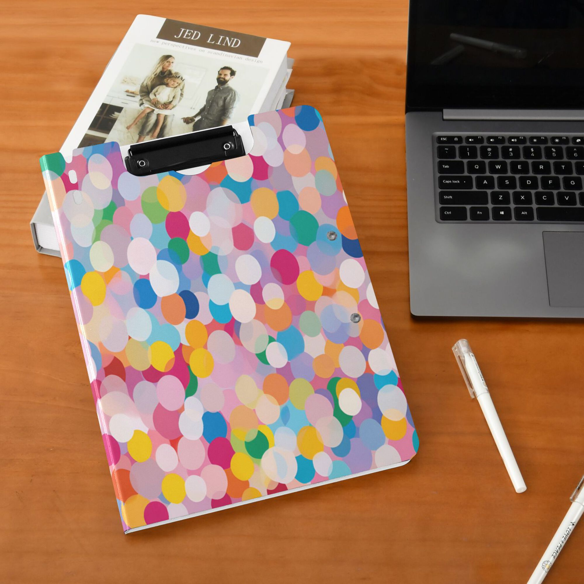 FORMRS A4 Clipboard Folder with Pen Holder Horizontal Foldable School Office Binder, Purple Colorful Circles