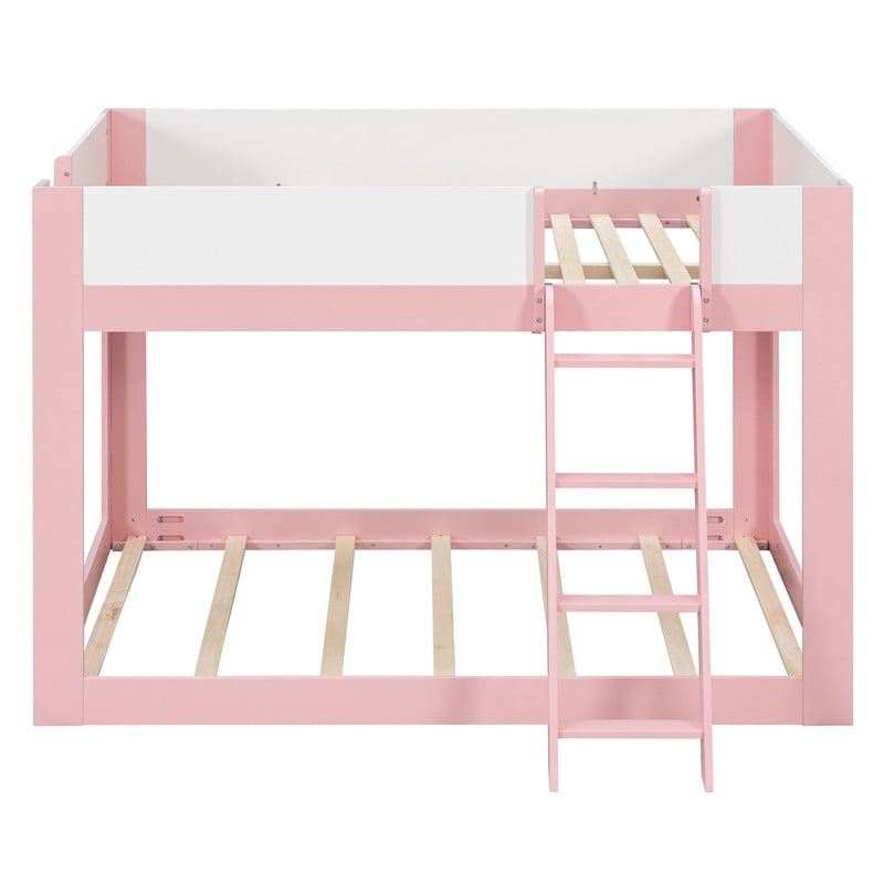 Full-Over-Full Low-Profile Bunk Bed with Guardrails, Wooden Kids Bed with Reversible Ladder, Accent Two-Tone Bed Frame