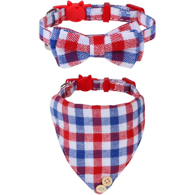 LAICAIW Breakaway Cat Collar with Bells-2 Pack Cat Collar with Bells, Cat Collars with Bandana, Accessories for Pet Collars, Adjustable for Cats and Small Dogs (Red and Blue)