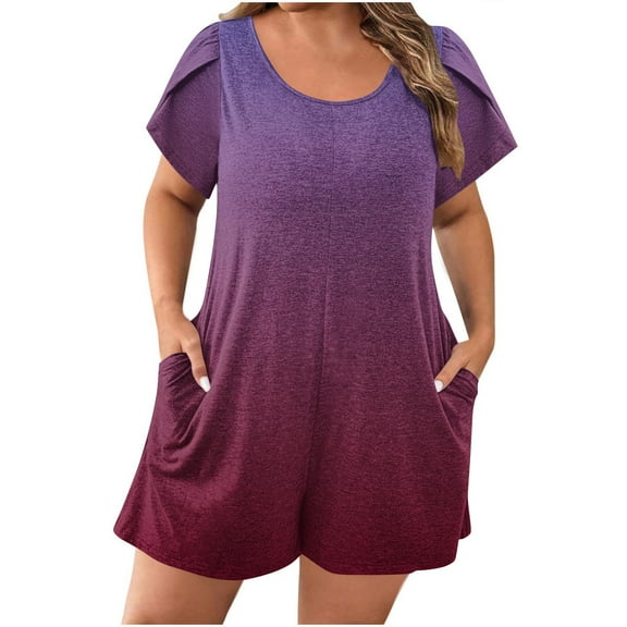 Npasoilc Printed Pocket Puff Sleeve Short Jumpsuits for Women Crew Neck Short Sleeve Plus Size Summer Romper