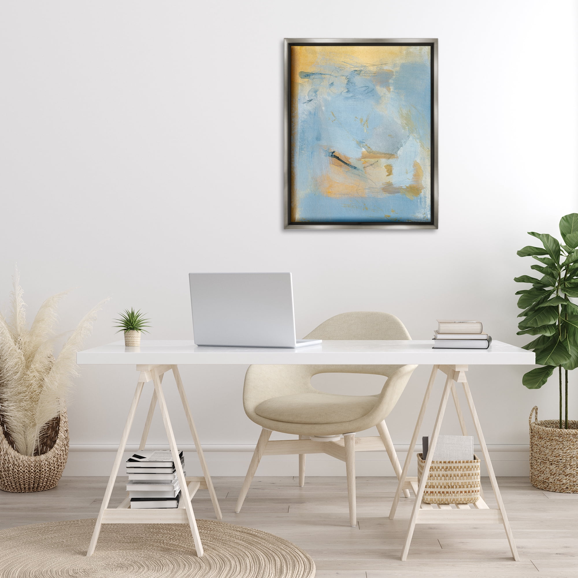 Stupell Industries Blue & Gold Organic Abstract Abstract Painting Gray Floater Framed Canvas Art Print Wall Art, 25 x 31