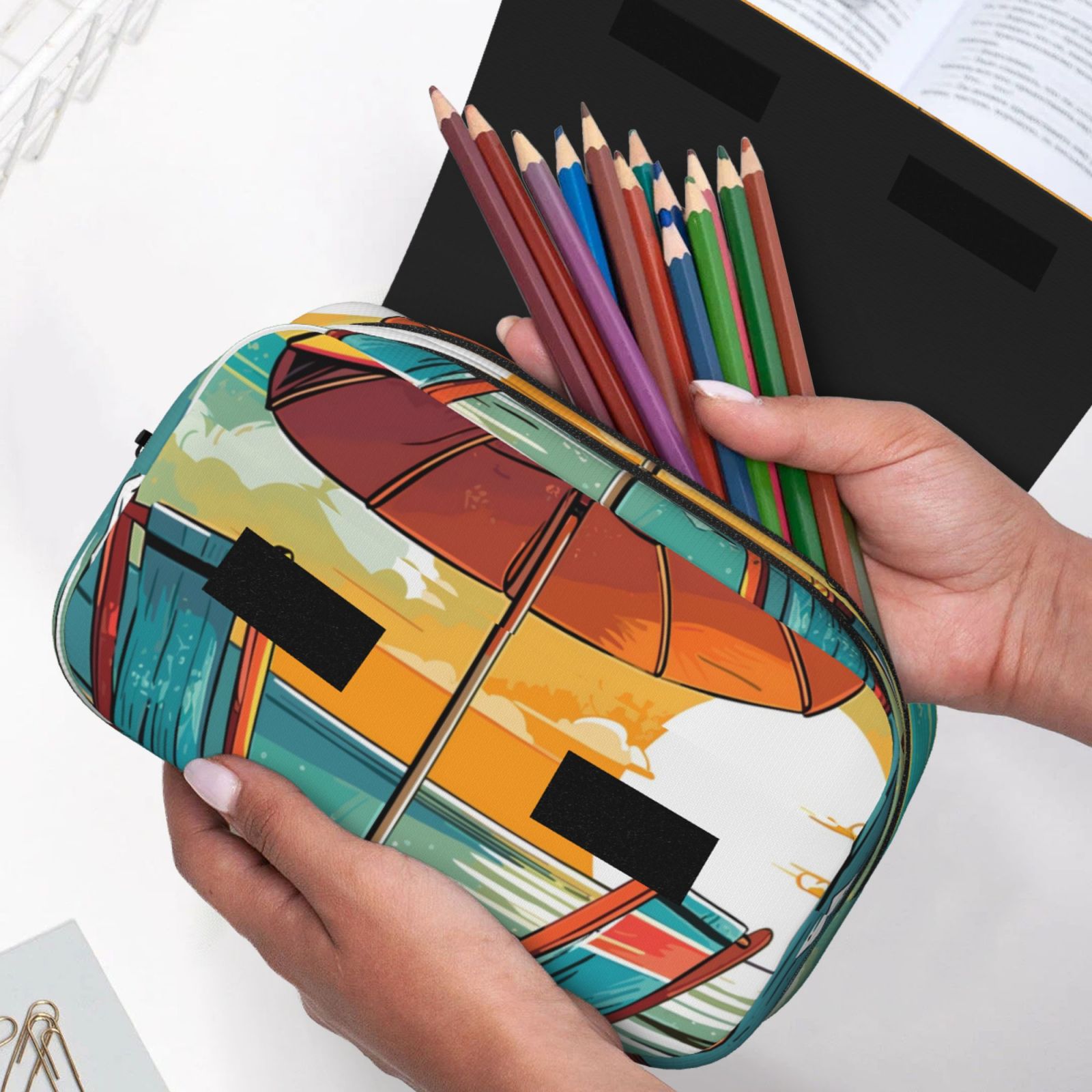 Rateoe Vintage Beach Sunset Pattern Double Clamshell Pen Case, Storage Organizer with Two Zipper Compartments– Holds Up to 50 Pencils & Pens