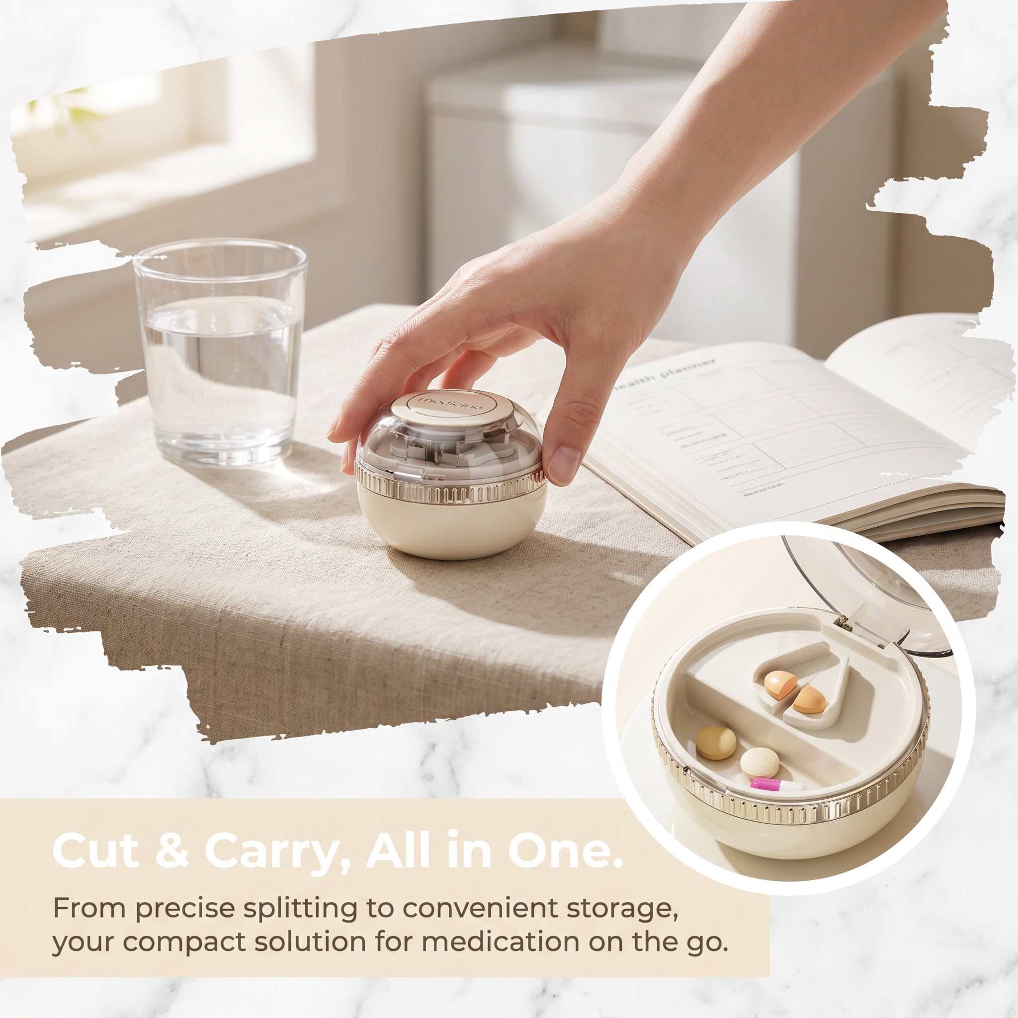 Precision Pill Cutter with Safety Guard, 2-in-1 Tablet Splitter and Organizer for 1/2 & 1/4 Slices, Compact Travel Pill Case for Nightstand & Drawer, Cloud White