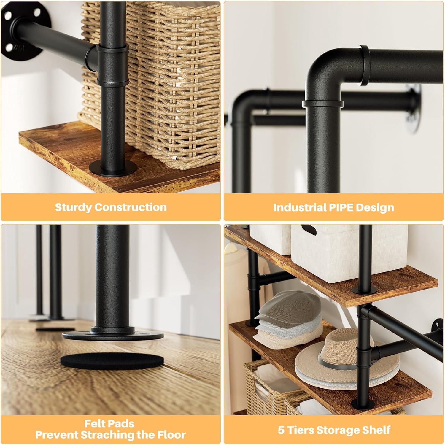 Homieasy Industrial Pipe Clothing Rack, Reversible 6.42FT Clothes Rack for Hanging Clothes, Heavy Duty 5-Tier Closet Wardrobe Garment Racks with Shelves, Corner Closet Organizer System, Rustic Brown