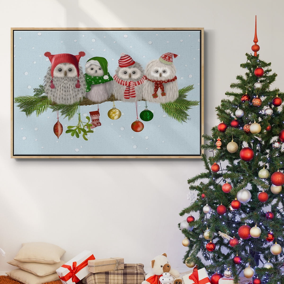 Christmas Fluffy Christmas Owls on Branch - Framed Gallery Wrapped Holiday Canvas - 17 x 25 - Natural Wood Frame