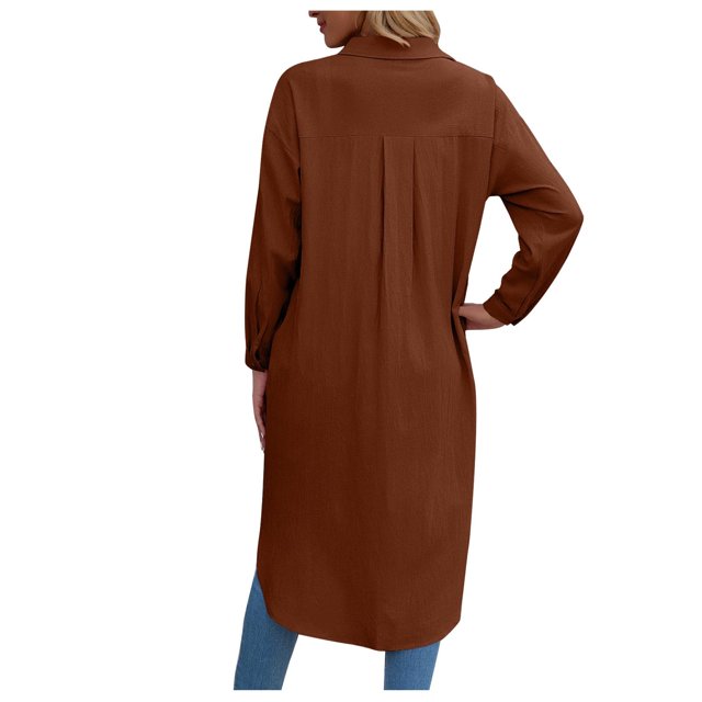 Otoño nueva moda Casual Color sólido solapa cárdigan largo bolsillo camisa Top Pompotops FGAJ21199