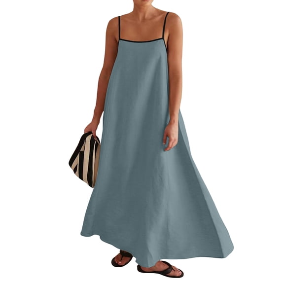WTOBBY Women's Loose Comfortable Casual Color Block Cotton Linen Suspender Large Swing Dress with Breathable Material and Adjustable Straps,Light Blue L
