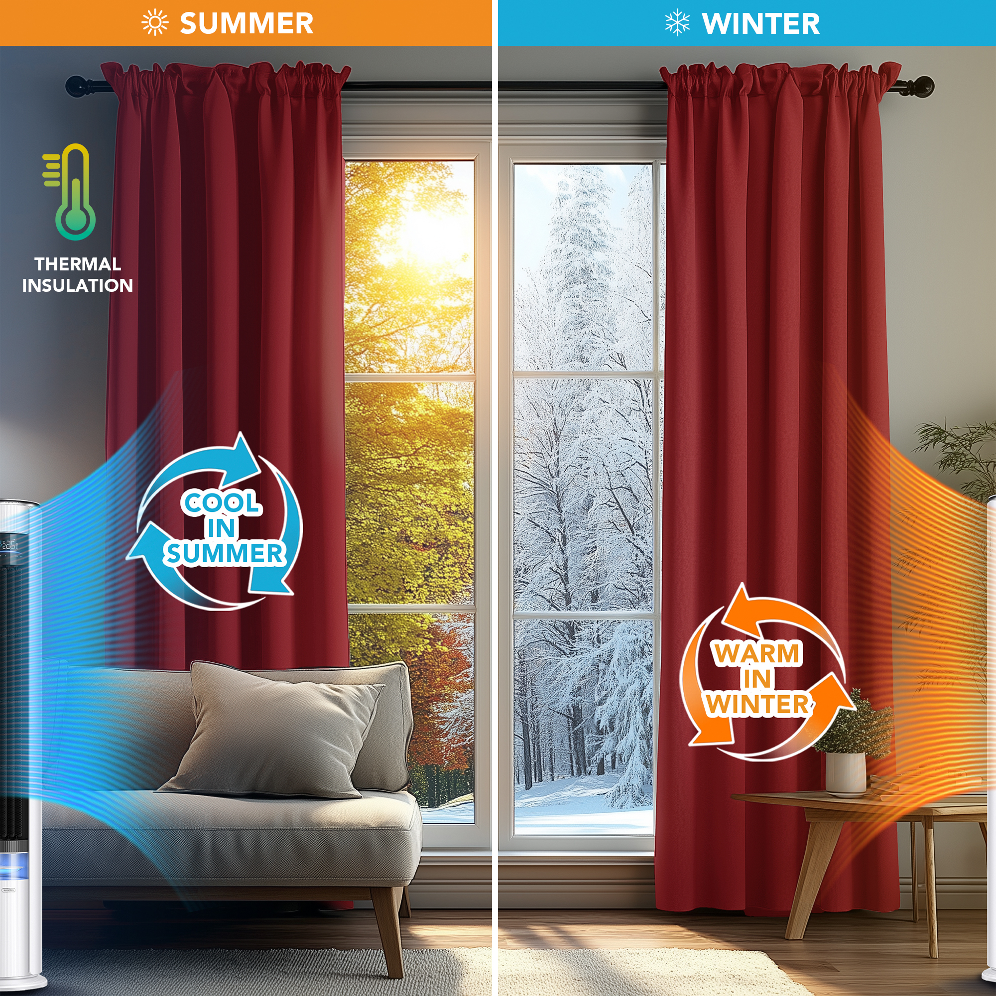 ZOPZO Short Blackout Curtains for Kitchen, 2 Panels, Bright Red, 42W x 36L Inch, Noise-Reducing, Thermal Insulated, Room Darkening Drapes