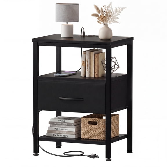 EDX Bedside Table, Built-in Outlet with USB/Type-C Ports and Adjustable Drawer, 3-Tier Storage Shelf with Fabric Drawer for Bedroom Space Saving, Black