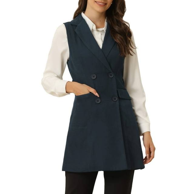 INSPIRE CHIC Blazer Long Sans Manches à Col à Revers pour Femmes Bleu Foncé TP