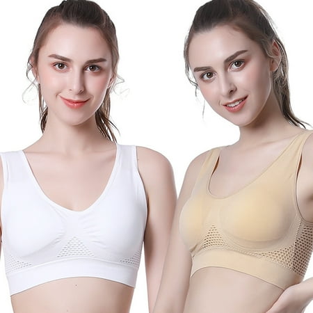 

harmtty Solid Color Shakeproof Hollow Mesh Sports Bra Wire Free Women Yoga Tank Top White