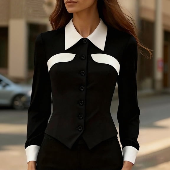 Women's Color Block Shirt, Slim Fit Collared Button Down Blouse for Office Work and Casual Wear, Long Sleeve Tops for Women Black L
