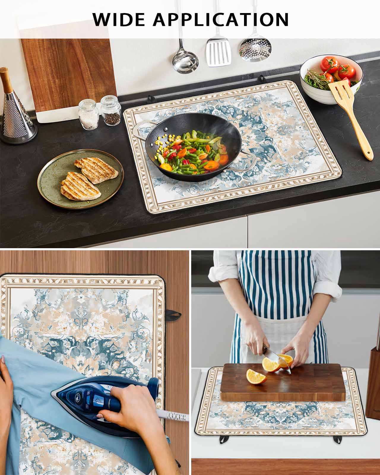 nqOlkjepod Large Induction Cooktop Protector Mat 24"x21", Blue Bohemia Stove Top Covers for Electric Stove, Boho Aztec Ethnic Abstract Flowers Pattern Stove Burner Cover Mats, Glass Top Stove Cover