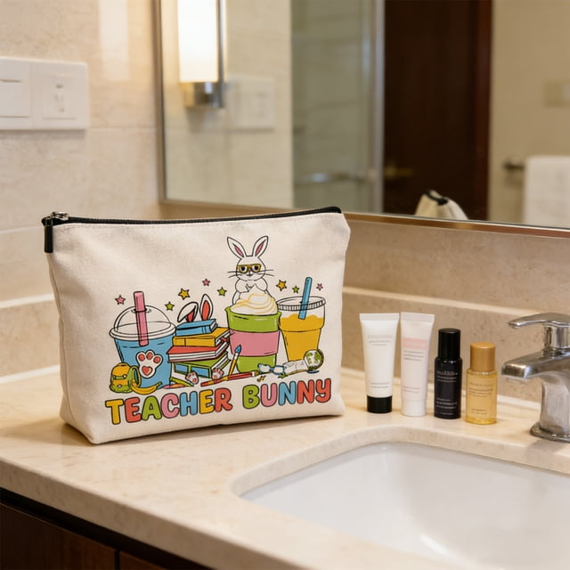 CaiYueKe Easter Bunny Storage Bag Zippered Pencil Case Cosmetic Makeup Organizer Travel Toiletry Bag Portable Burlap Pouch for Women Girls School Supplies Gifts