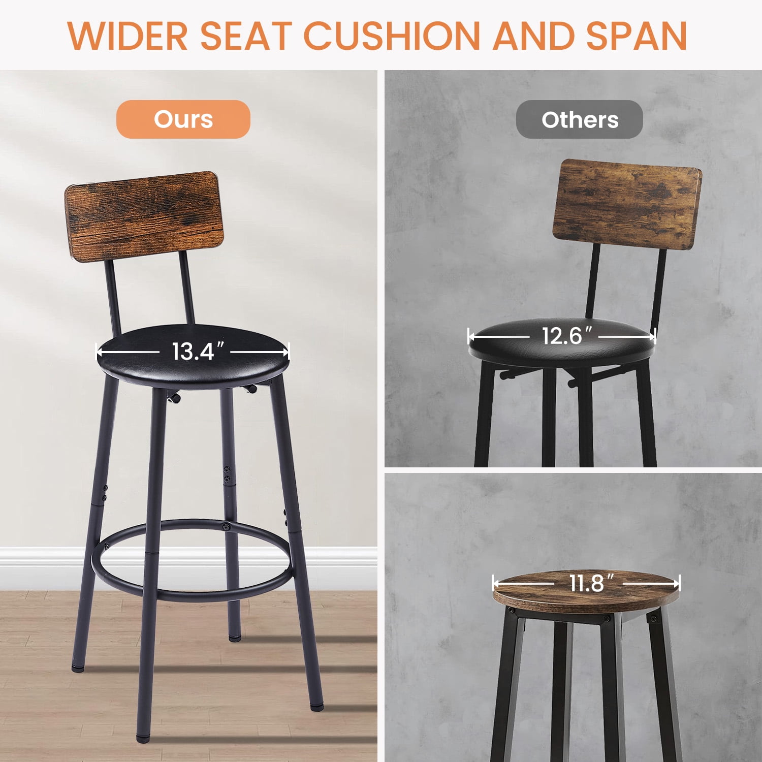 Bar Table Set with 2 Stools, Rustic Brown Counter Height Table, PU Padded Seat with Backrest & Footrest, Space-Saving Bar Furniture for Kitchen Living Room