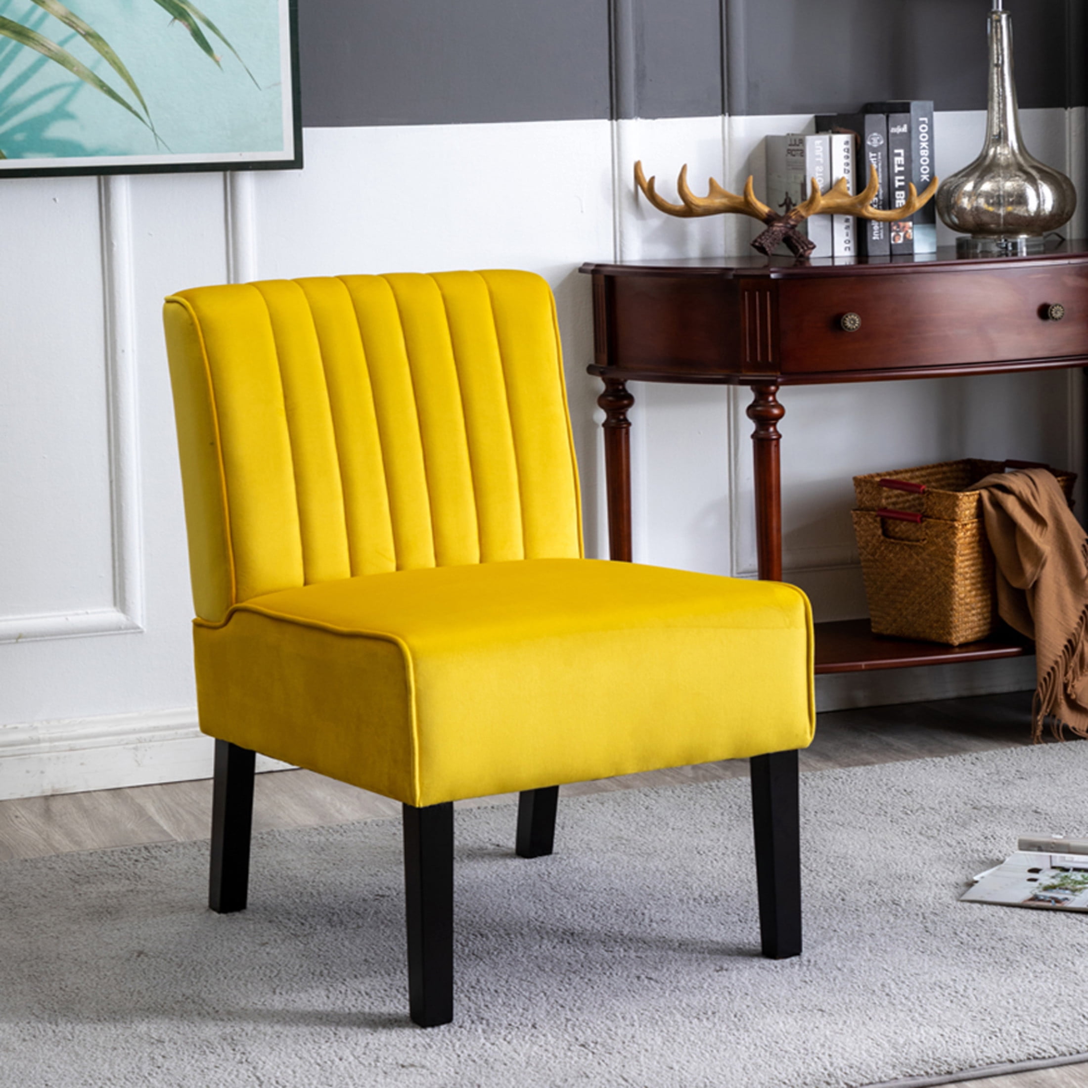 GDF Studio 29.5" Mid-Century Modern Accent Chairs Set of 2 with Channel Tufted Velvet Upholstery, Yellow