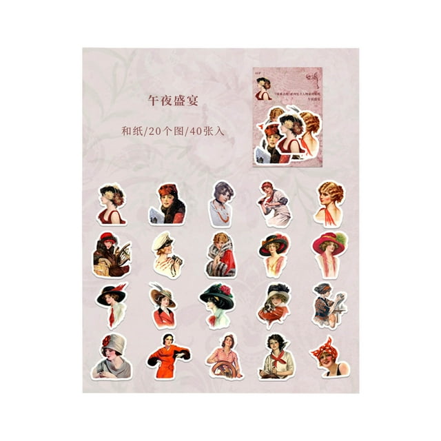 40 hojas de pegatinas de personajes vintage, pegatinas de estilo retro para álbumes de recortes, adornos para diarios, manualidades, fiestas a medianoche