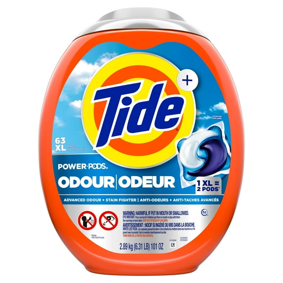 Tide Odour + Oxi Laundry Detergent Pacs, Original Scent, Advanced Odour + Stain Fighter, 63CT