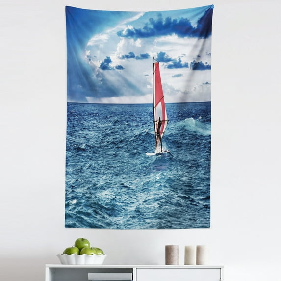 Ride the Wave Tapestry, Windsurfer in the Sea Exotic Adventure Happy Summer Beach Challenge Picture, Fabric Wall Hanging Decor for Bedroom Living Room Dorm, 5 Sizes, Night Blue, by Ambesonne