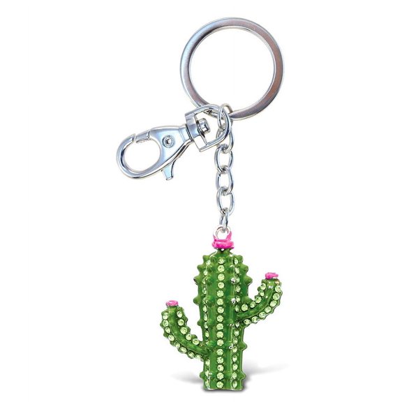 Aqua79 Cactus Keychain - Silver 3D Sparkling Charm Rhinestones Fashionable Stylish Metal Alloy Durable Key Ring Bling Crystal Jewelry Accessory with Clasp for Key Chain, Bag, Purse, Backpack, Handbag