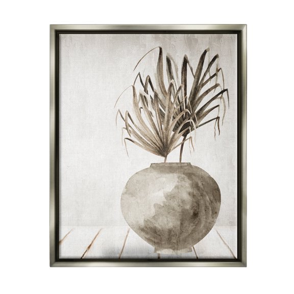 Stupell Industries Neutral Palms Still Life Botanical & Floral Painting Gray Floater Framed Canvas Art Print Wall Art, 17 x 21