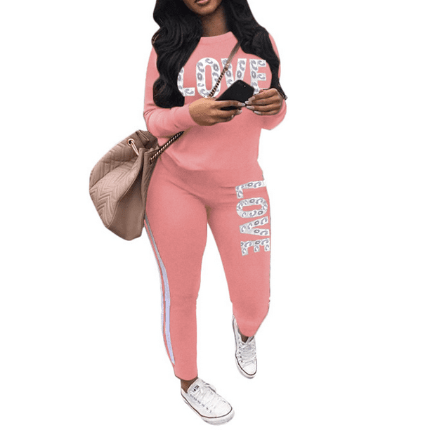 Akmipoem Women Letter Pink Sweatsuit 2 Piece Plus Size Striped ...