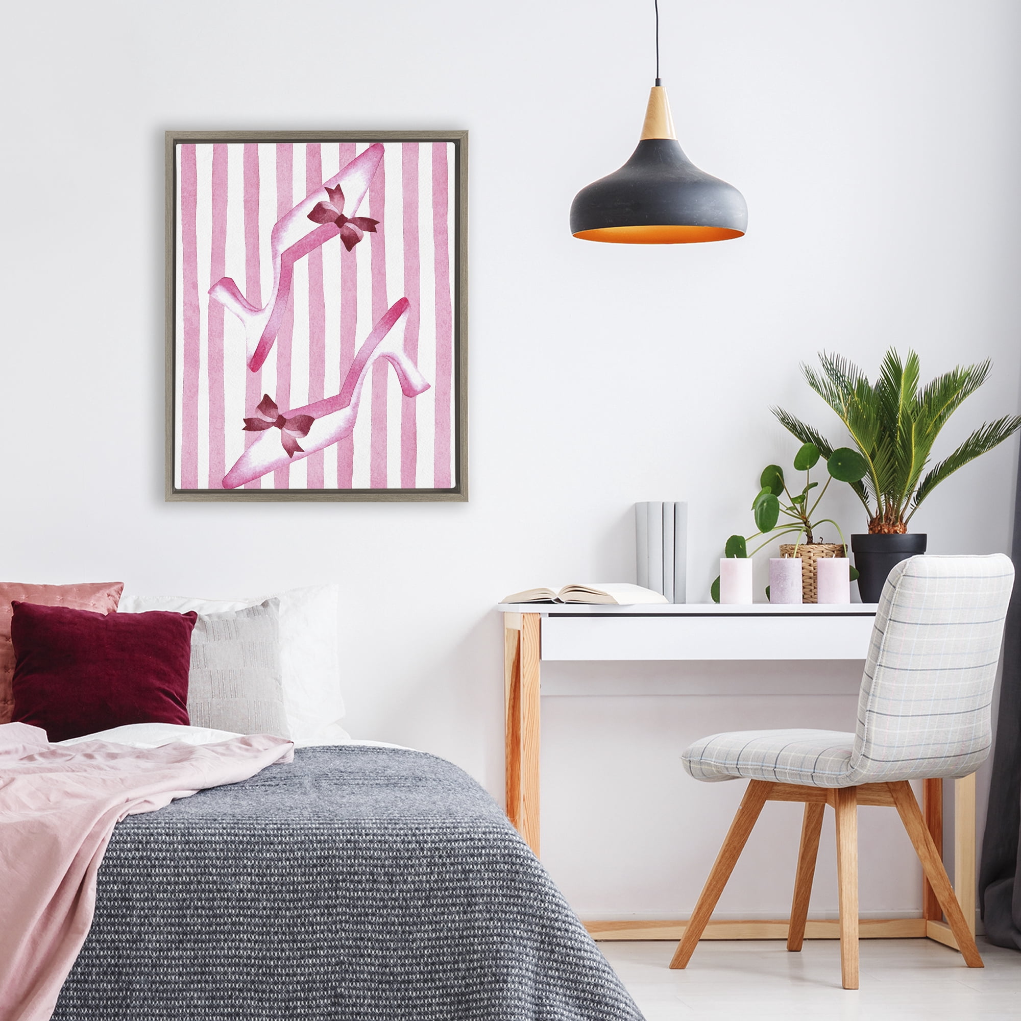 Stupell Industries Bow Heels on Pink Stripes Brown Framed Floater Canvas Wall Art, design by Camila Juncos