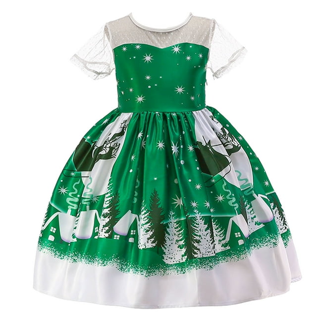 XIMIN Robe de Noël à Manches Courtes en Dentelle pour Filles, Col Rond, Patchwork de Dentelle de Père Noël, Imprimé Renne, Robe de Princesse Évasée, Robe de Fête de Noël