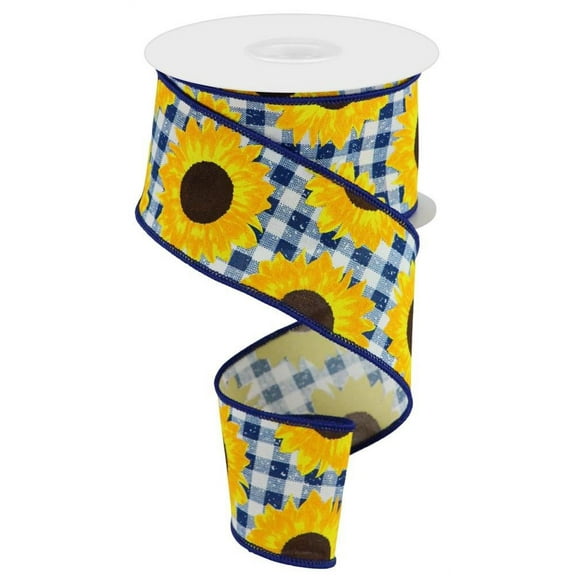 Sunflowers on Checked Faux Canvas Wired Edge Ribbon, 10 Yards (Dark Blue, 2.5 Inch)RGC171203