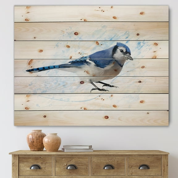 Designart 'Ancient Blue Jay Bird' Traditional Print on Natural Pine Wood