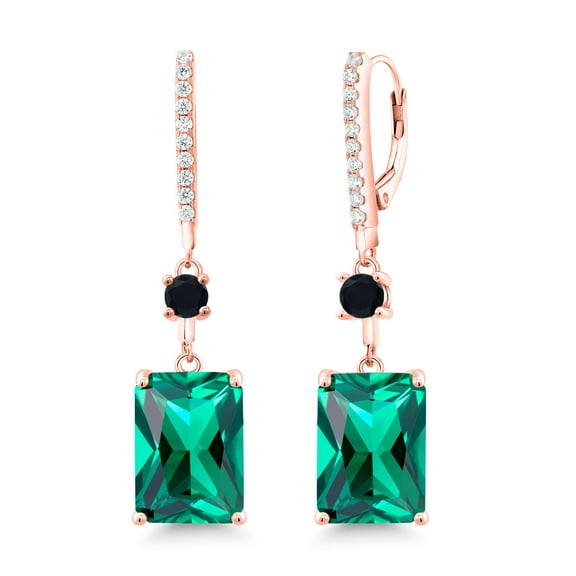 Gem Stone King 18K Rose Gold Plated Silver Green Nano Emerald and Black Onyx Dangle Earrings for Women (13.74 Cttw, Gemstone Birthstone, Emerald Cut 14X10MM and Round 4MM)