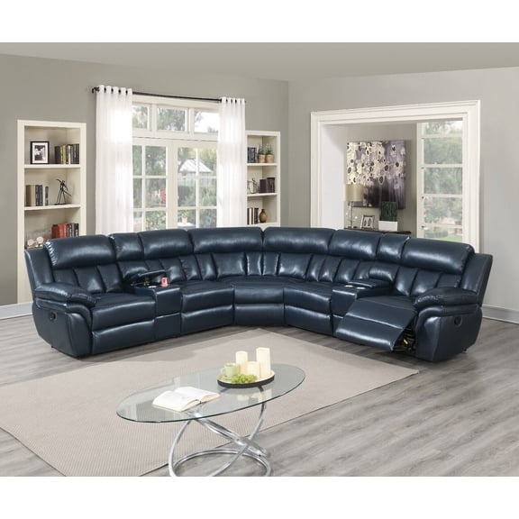 Luxurious Manual Motion Sectional Sofa set Living Room Furniture Family Home Theatre USB Built Console Loveseat Reclining Plush Couch Navy Blue Leather Gel