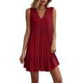 thumbnail image 2 of fheaev Women's Mini Sundress Summer Fashion Solid Loose V Neck Sleeveless Ruffled Hem for Party Red XL, 2 of 7