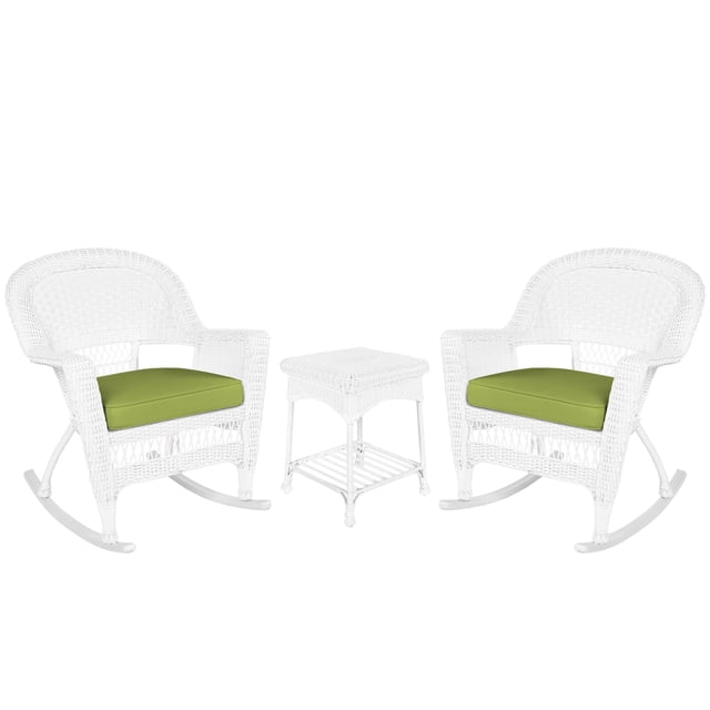 Pemberly Row 3pc Wicker Rocker Chair Set in Black with Green Cushion