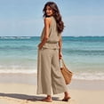 thumbnail image 5 of Linen Sets for Women 2 piece Sleeveless Ruffle Top Wide Leg Pants Matching Set Summer Beach Vacation Outfits,Khaki,S, 5 of 7