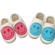 PacificPlex Womens Smiley Fuzzy Preppy Smile Slippers Retro Cozy Comfy Plush Warm Slip-on Happy Face Slippers Winter Casual Indoor Soft Fluffy House Shoes (9-10.5, Pink Lightning-Bolt)