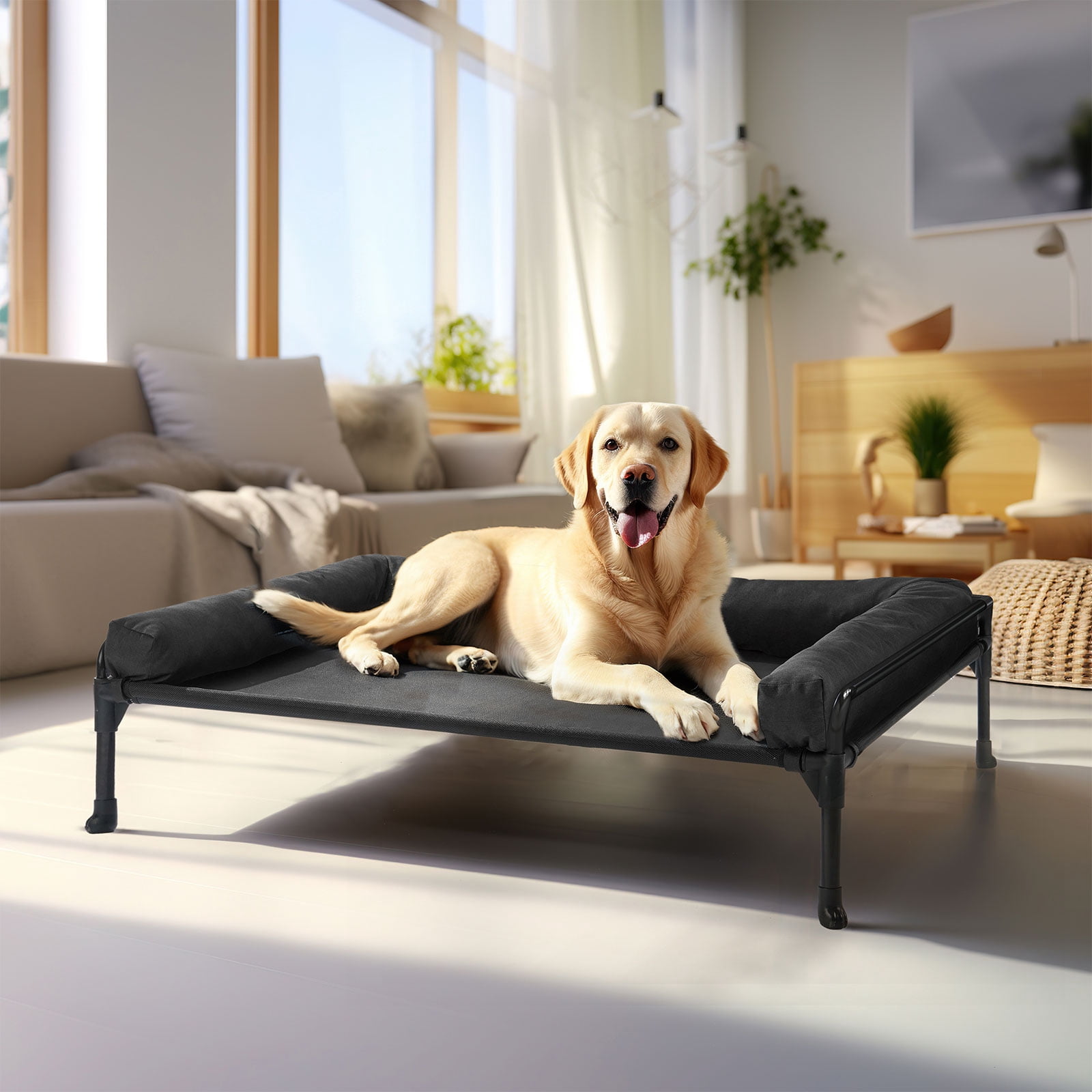 Veehoo Cooling Elevated Dog Bed with Removable Bolster, Raised Dog Sofa Bed for Large Sized Dogs, Indoor and Outdoor Metal Elevated Dog Cot with No-Slip Feet & Washable Textilene Mesh, X-Large, Black